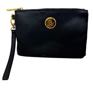 Joy Mangano Black Pebbled Faux Leather Wristlet Clutch Gold Logo Striped Lining